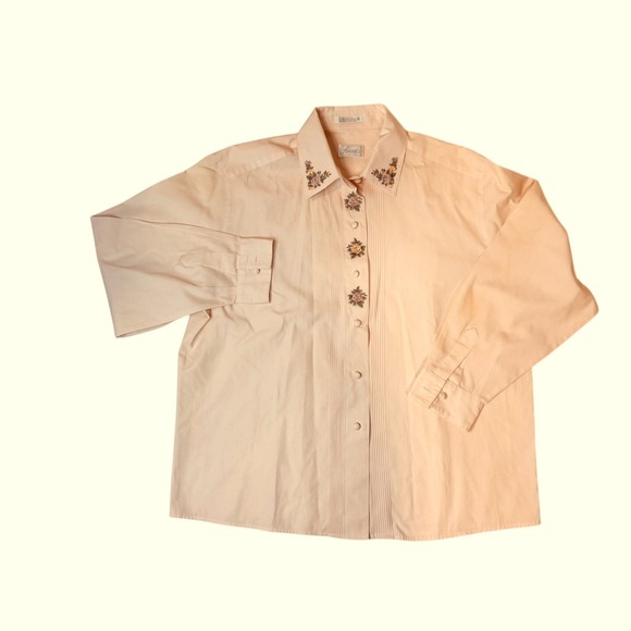 Foxcroft Tops - Foxcroft Women's Pink Peach Embroidered Floral Collared Button Up Shirt Size 16‎